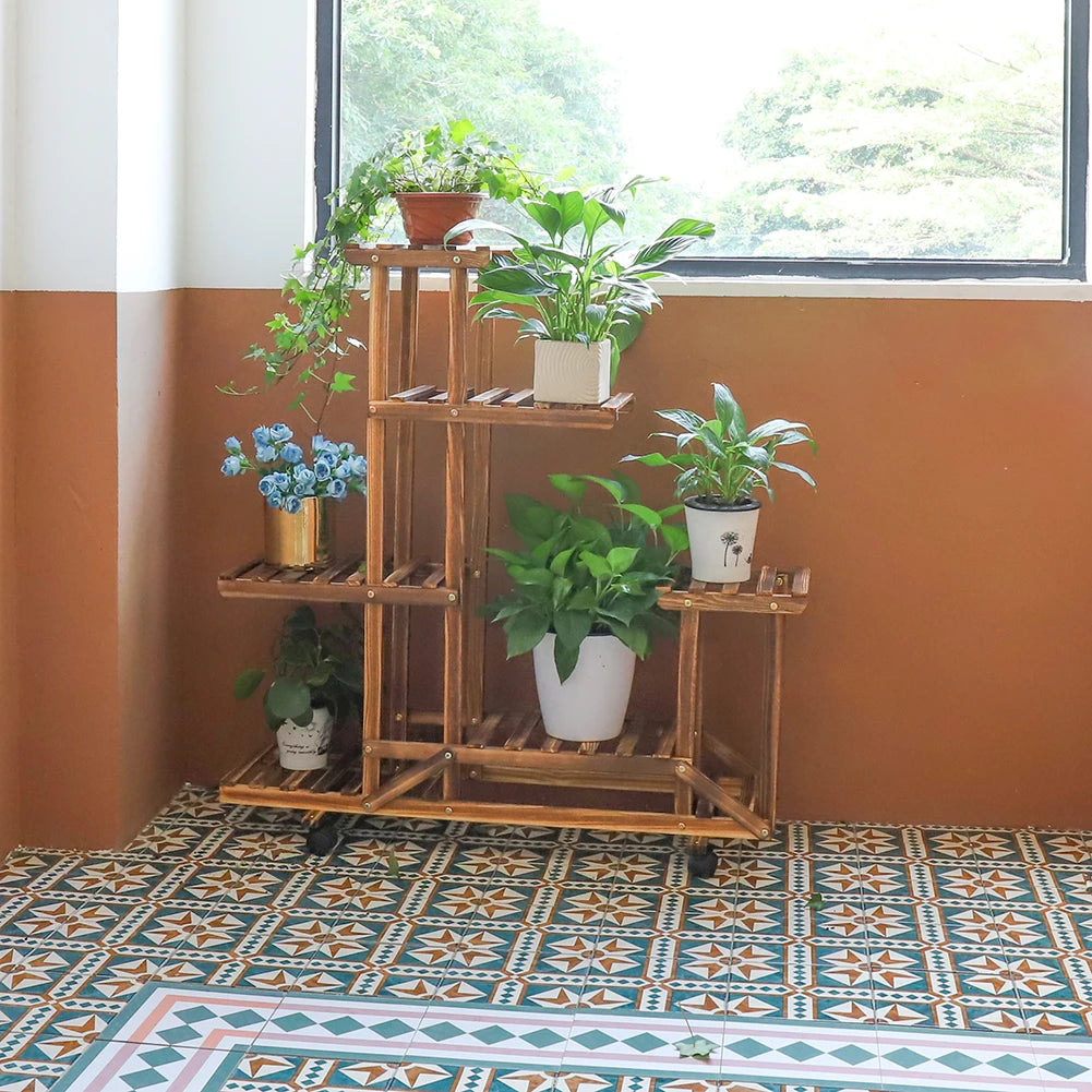 Multi-Layer Wood Plant Stand Rack with Wheels