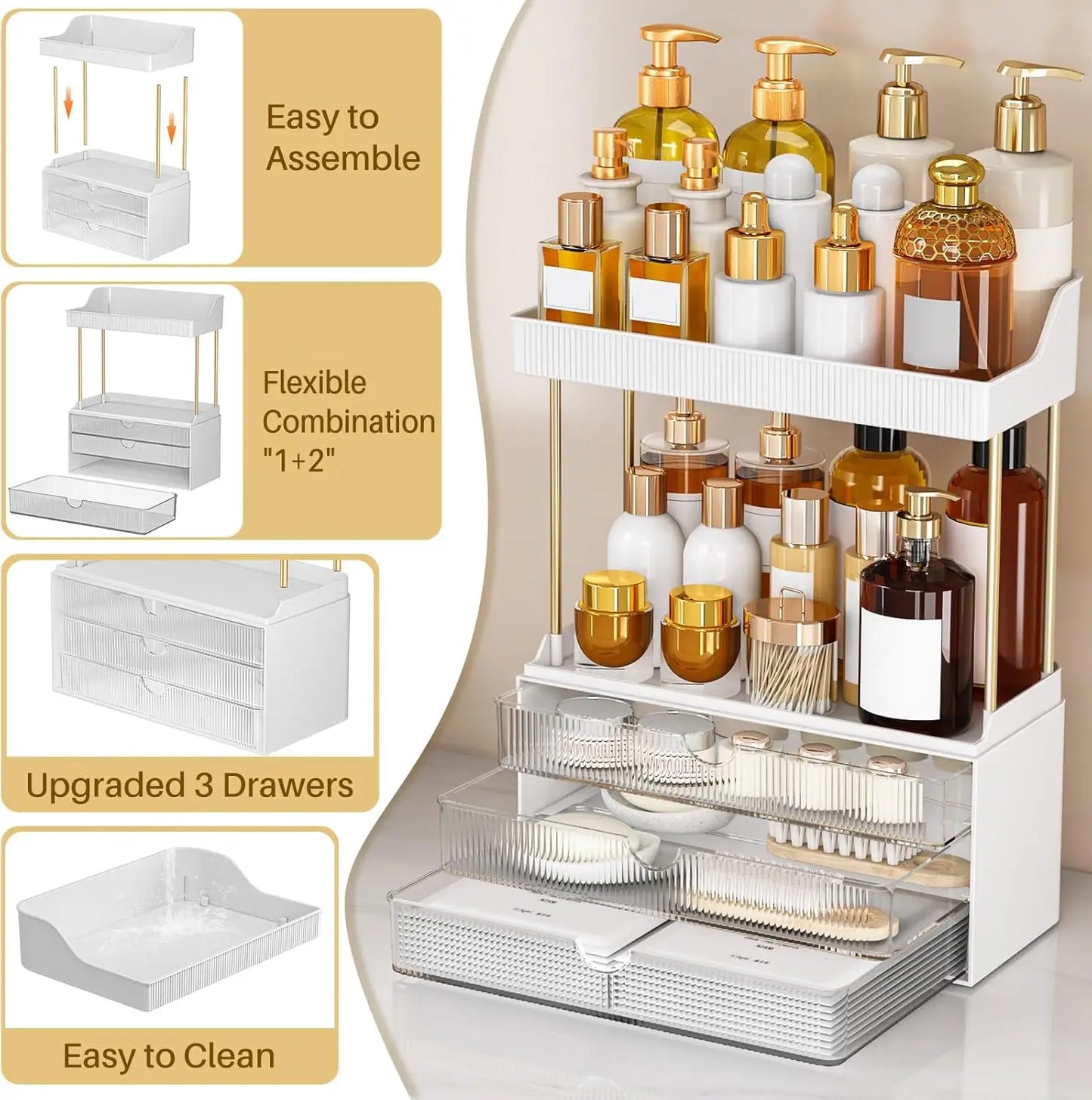 Clear Makeup Organizer with Drawers and Counter Storage
