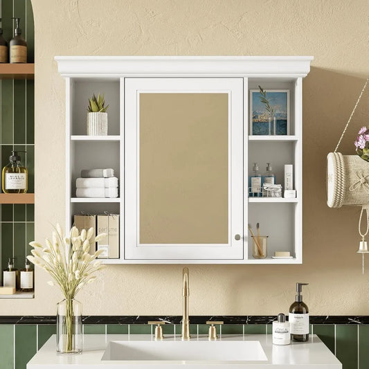 Bathroom Storage Cabinet with Mirror Door and 6 Adjustable Open Shelf