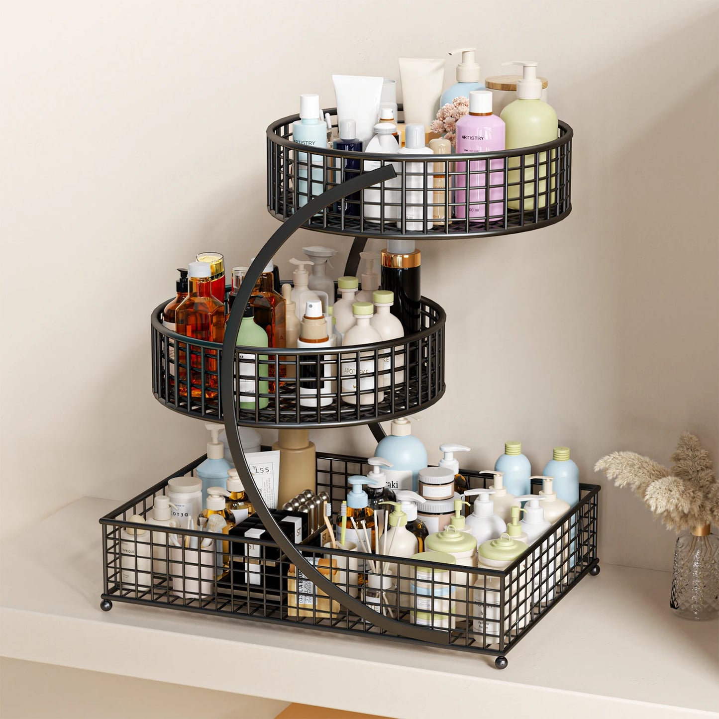 3-Tier Round Metal Storage Rack - No Assembly Required, Cosmetic Organizer, Fruit & Vegetable Basket, Kitchen Storage Gift