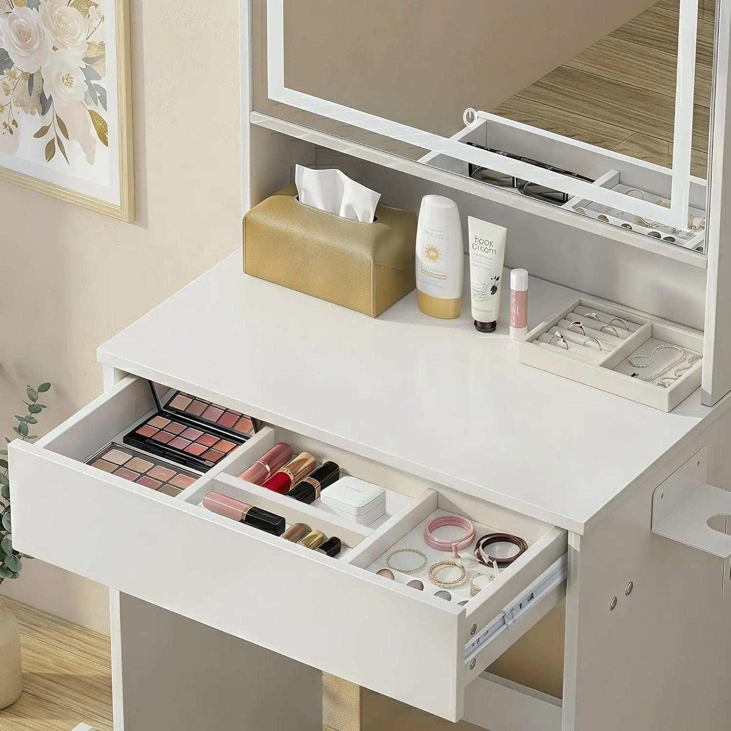 Vanity Desk Lighted Mirror with Charging Station and Storage Shelf