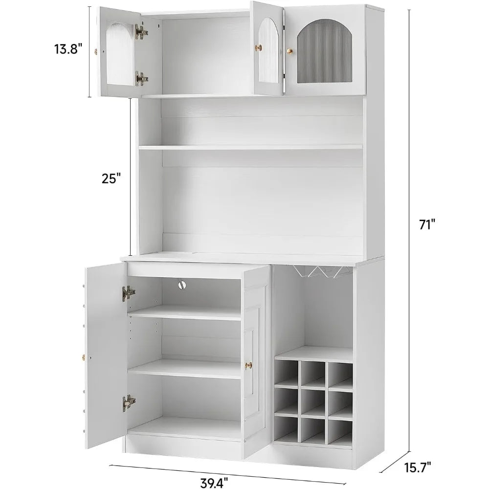 Kitchen Pantry Cabinet with Microwave Shelf & Wine Glass Rack Storage Buffet