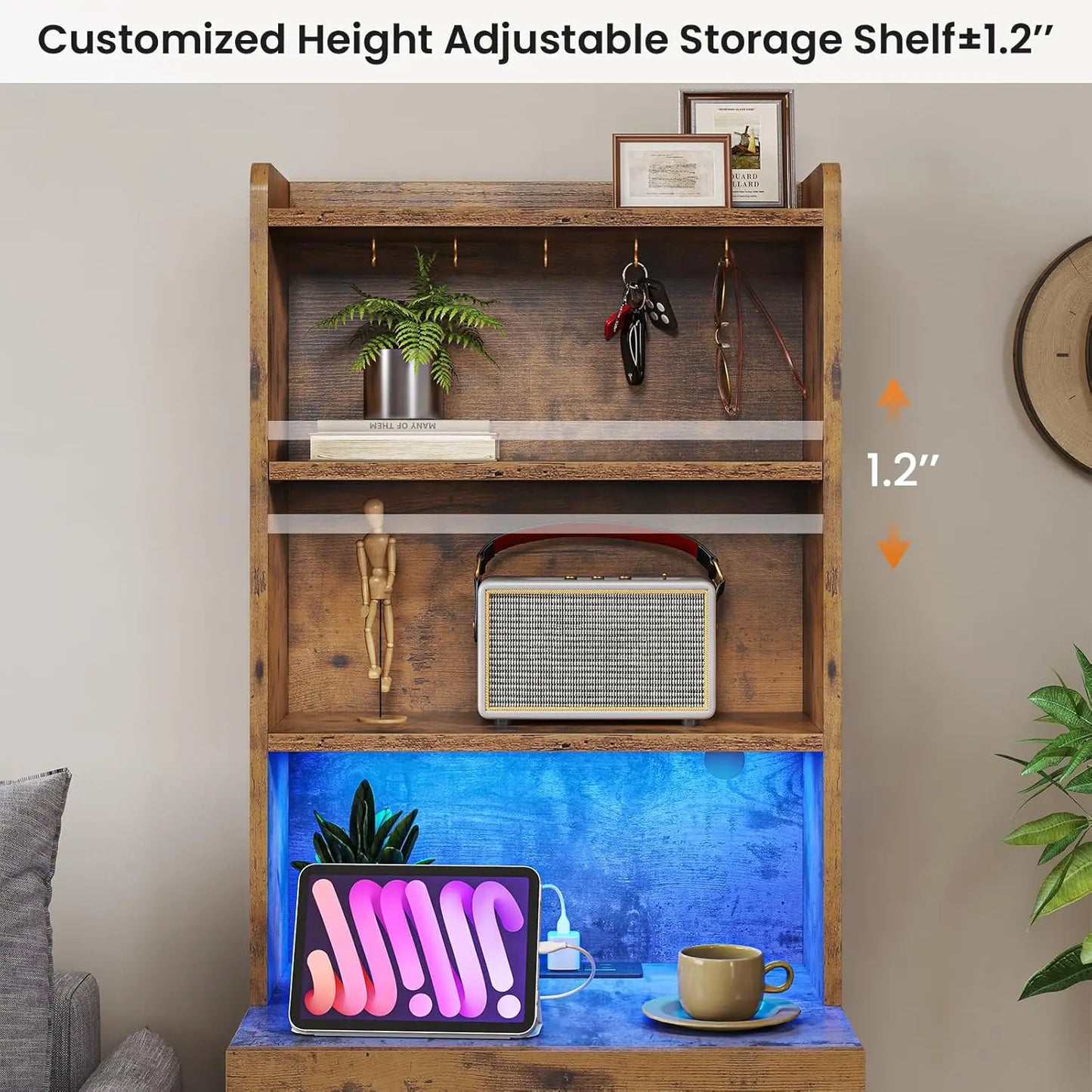 Tall Nightstand with Charging Station and LED Light