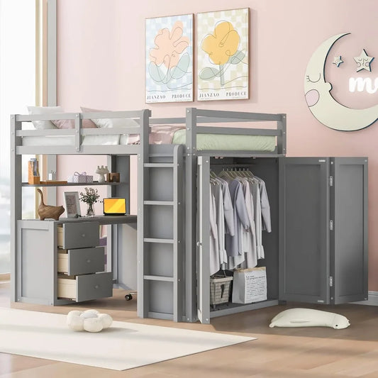 Full Size Loft Bed with Desk and Wardrobe