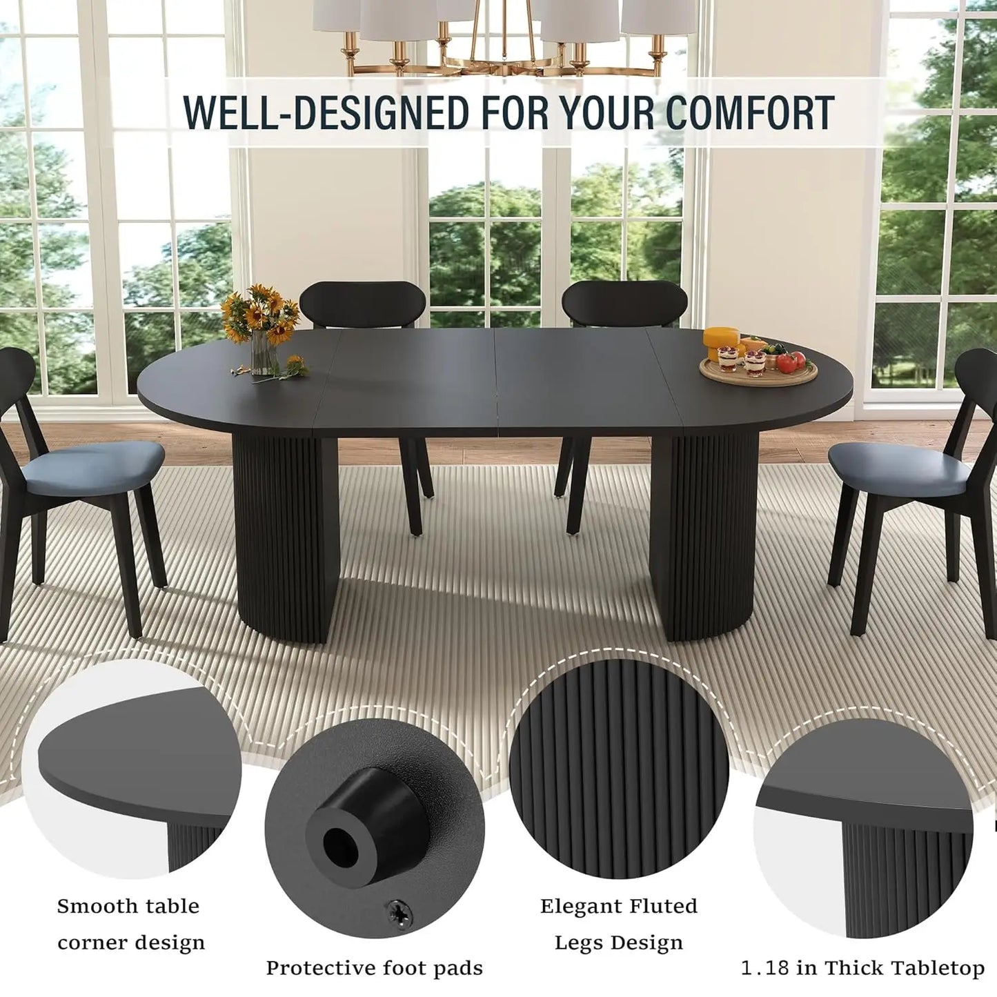 Fluted Base Modern Oval Round Extendable Dining Table