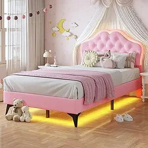 Twin Size Girl Bed with Storage Drawer & LED Lights