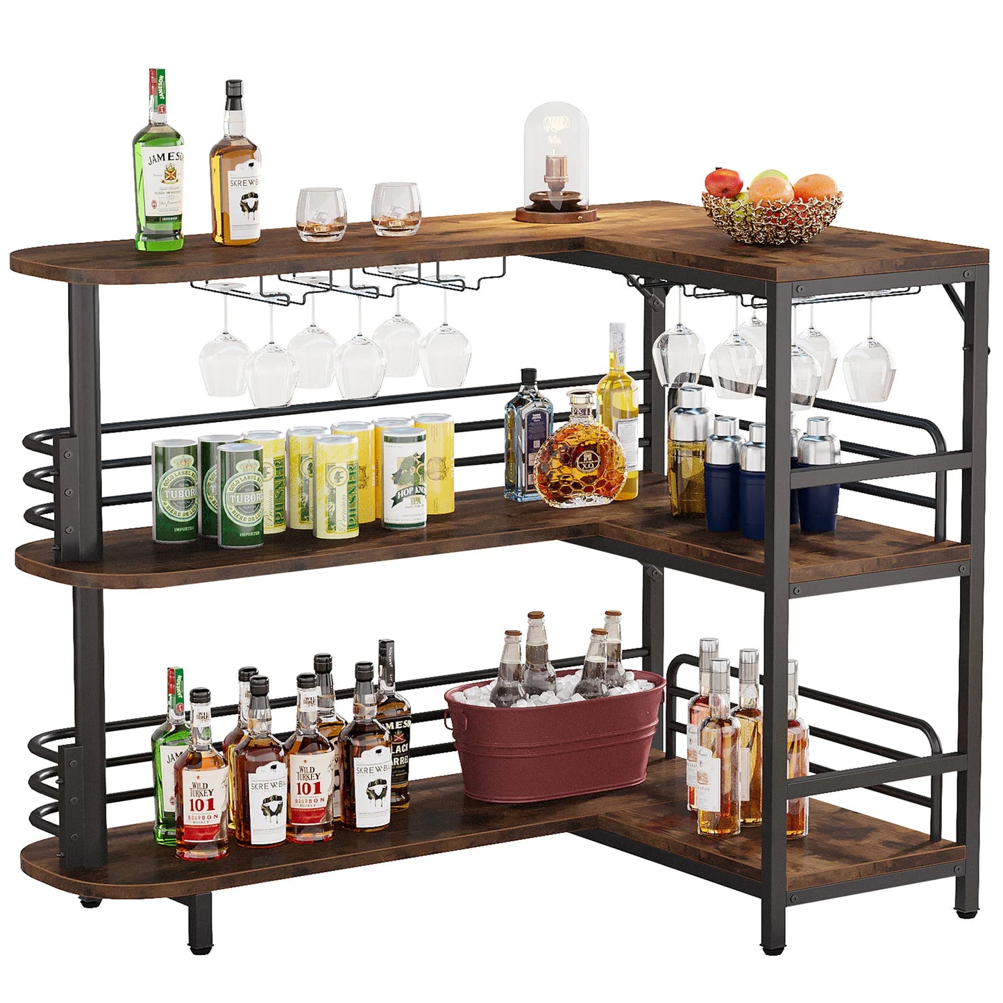 Dining Room 3 Tier Liquor Bar Table with Storage Shelves and Wine Glasses Holder