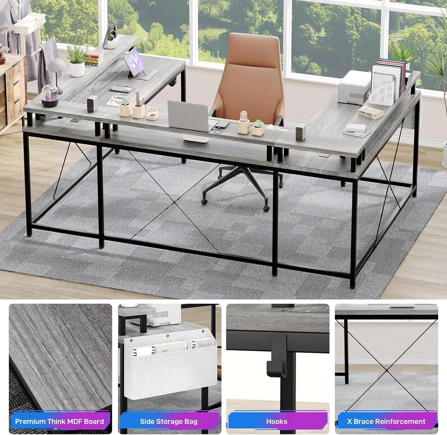 U Shaped Desk with Monitor Stand Storage Shelves