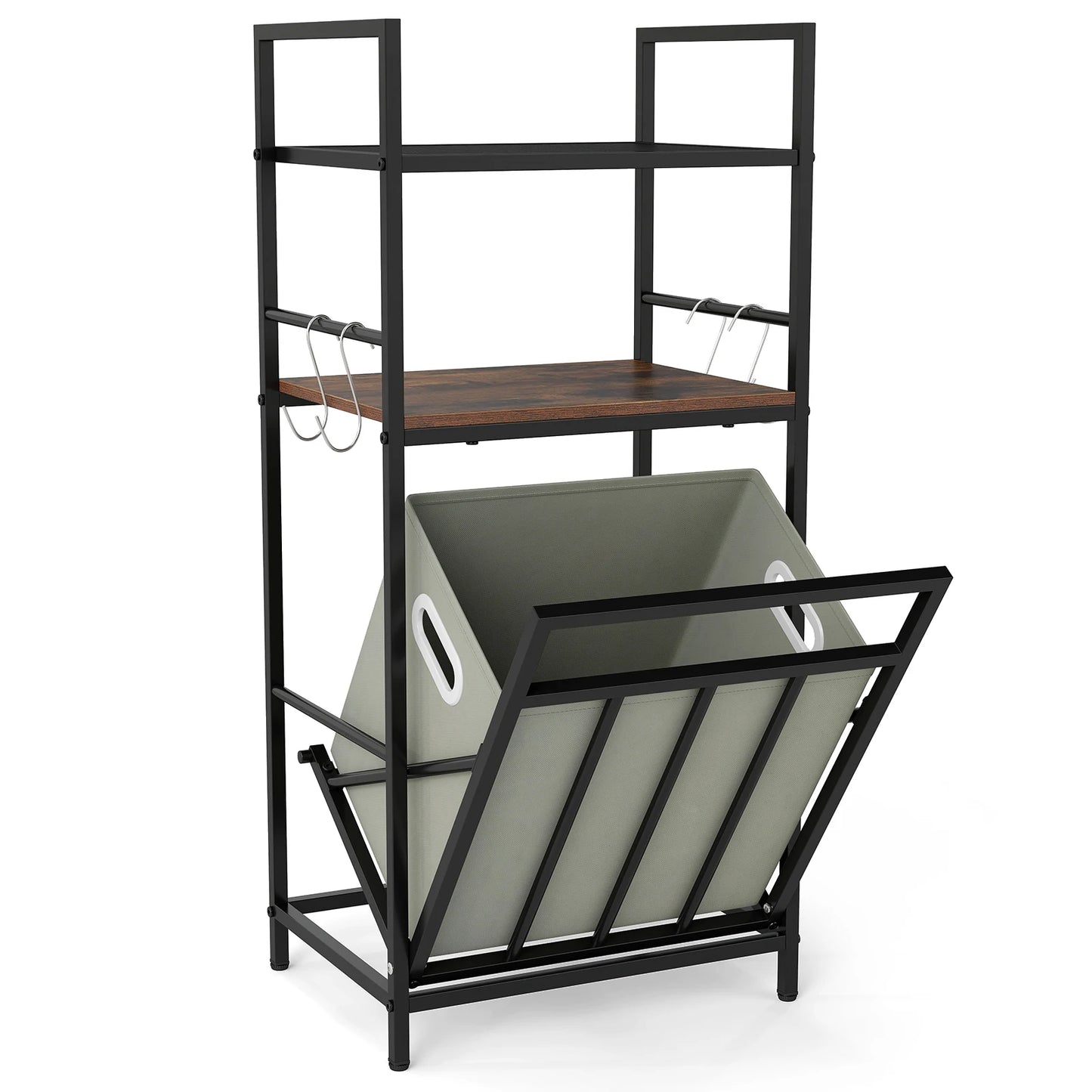 Laundry Hamper w/ Tilt-out Basket w/ 4 Hooks & Removable Bag