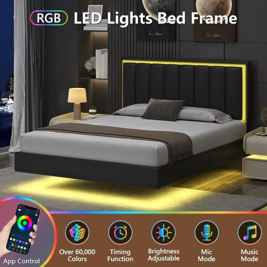 Floating Bed Frame with Headboard Upholstered with LED Lights