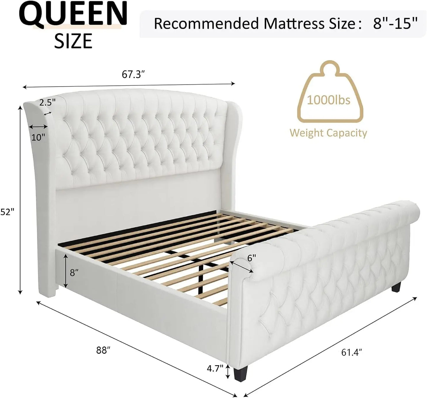 Upholstered Sleigh Bed with Scroll Wingback Headboard & Footboard/Button