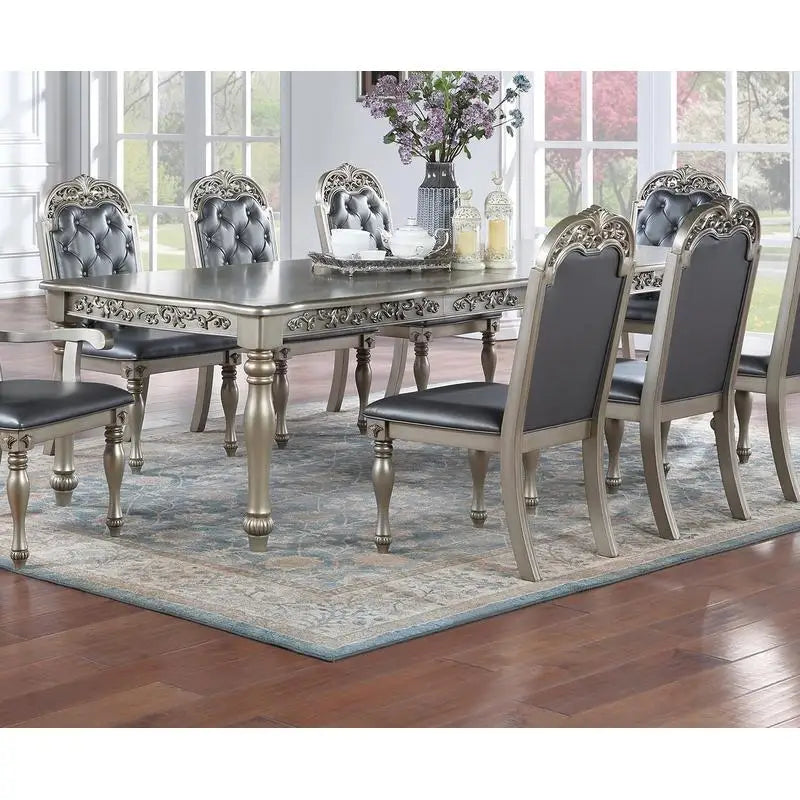 Formal 1pc Dining Table with 2 Leaves, Silver Grey Finish, Antique Design