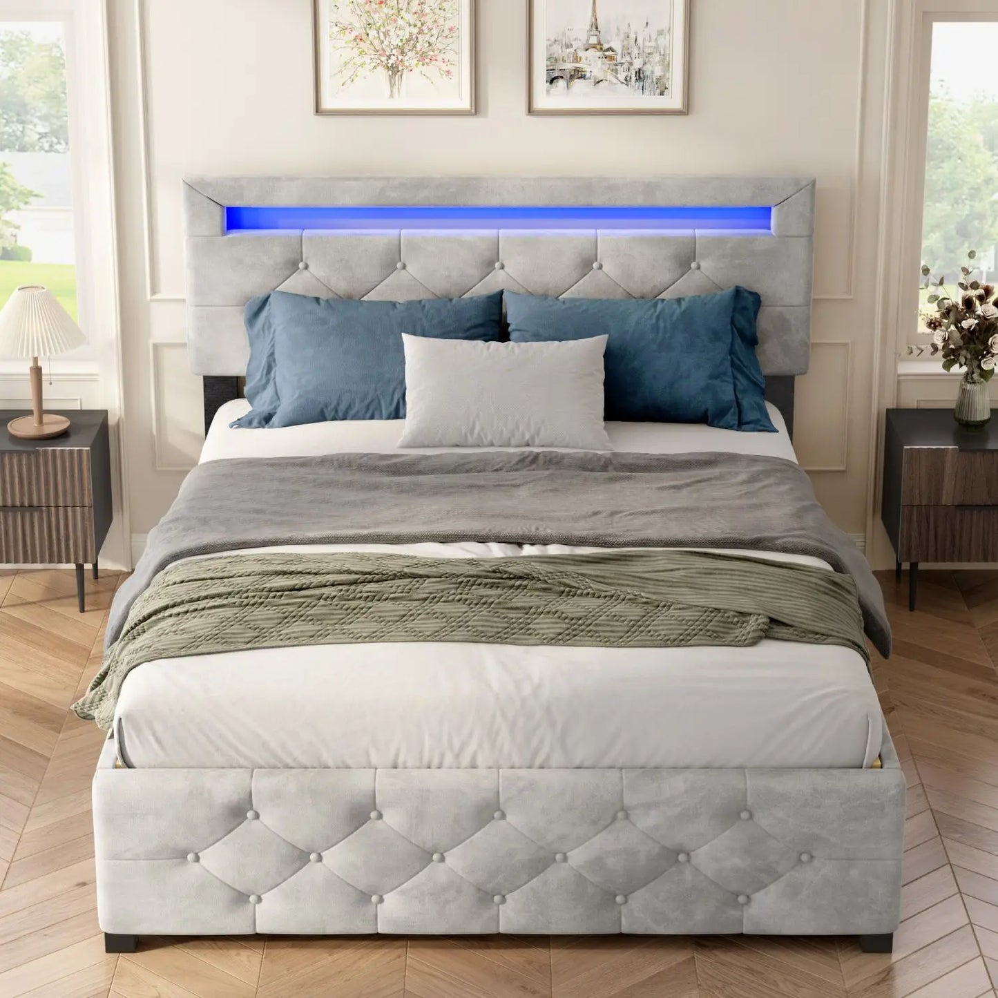 Upholstered Platform Storage Bed Frame with LED Light