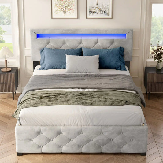 Upholstered Platform Storage Bed Frame with LED Light