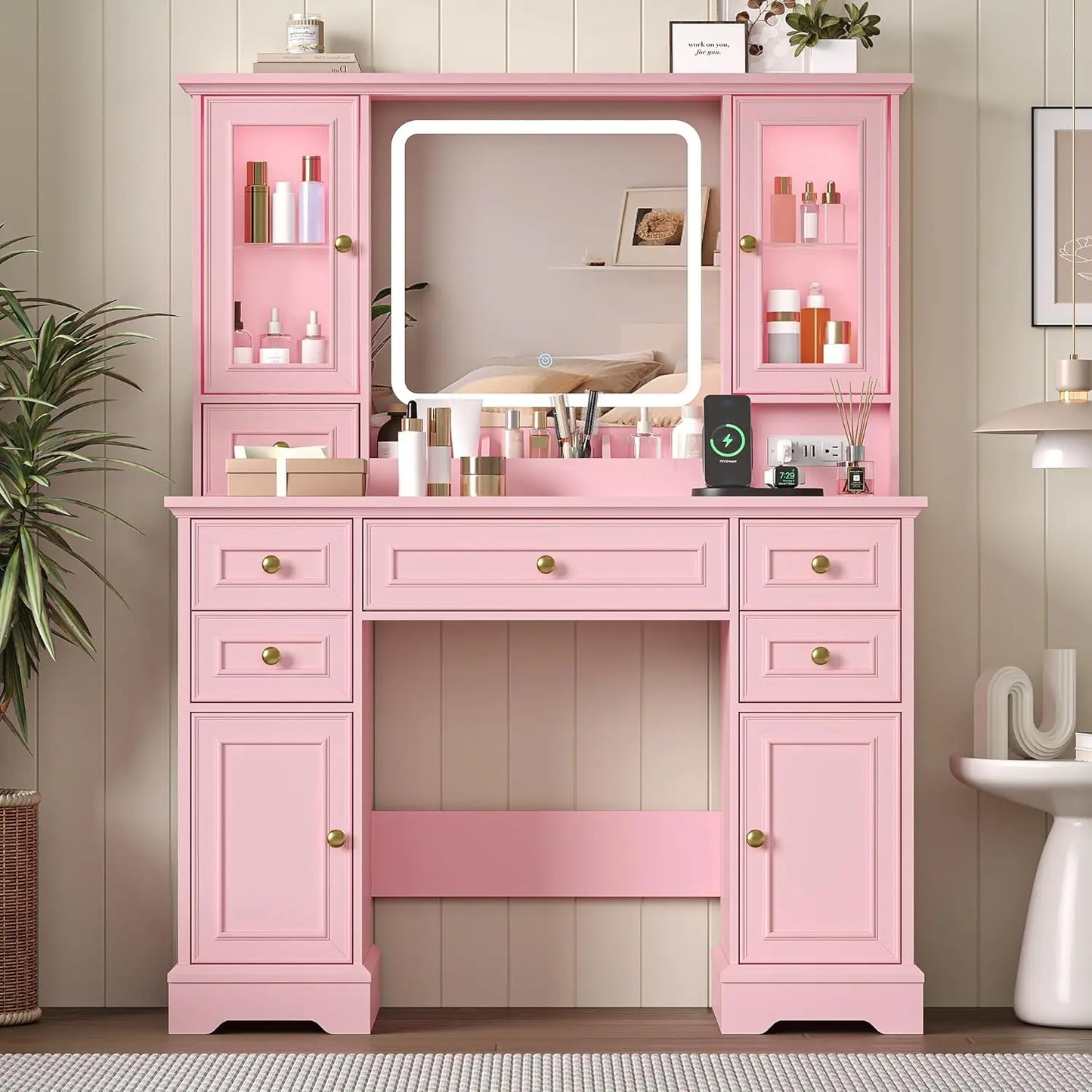 Vanity Desk with Mirror Lights RGB Cabinet Charging Station