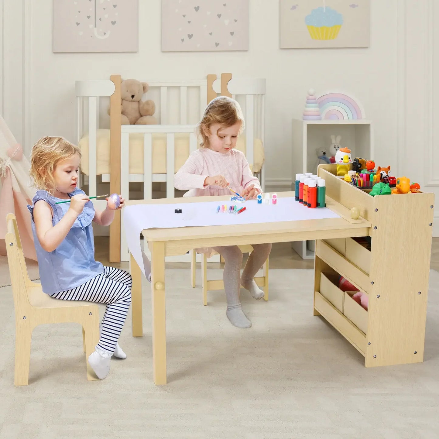 Craft Table with Storage Shelves, Canvas Bins and Paper Roll