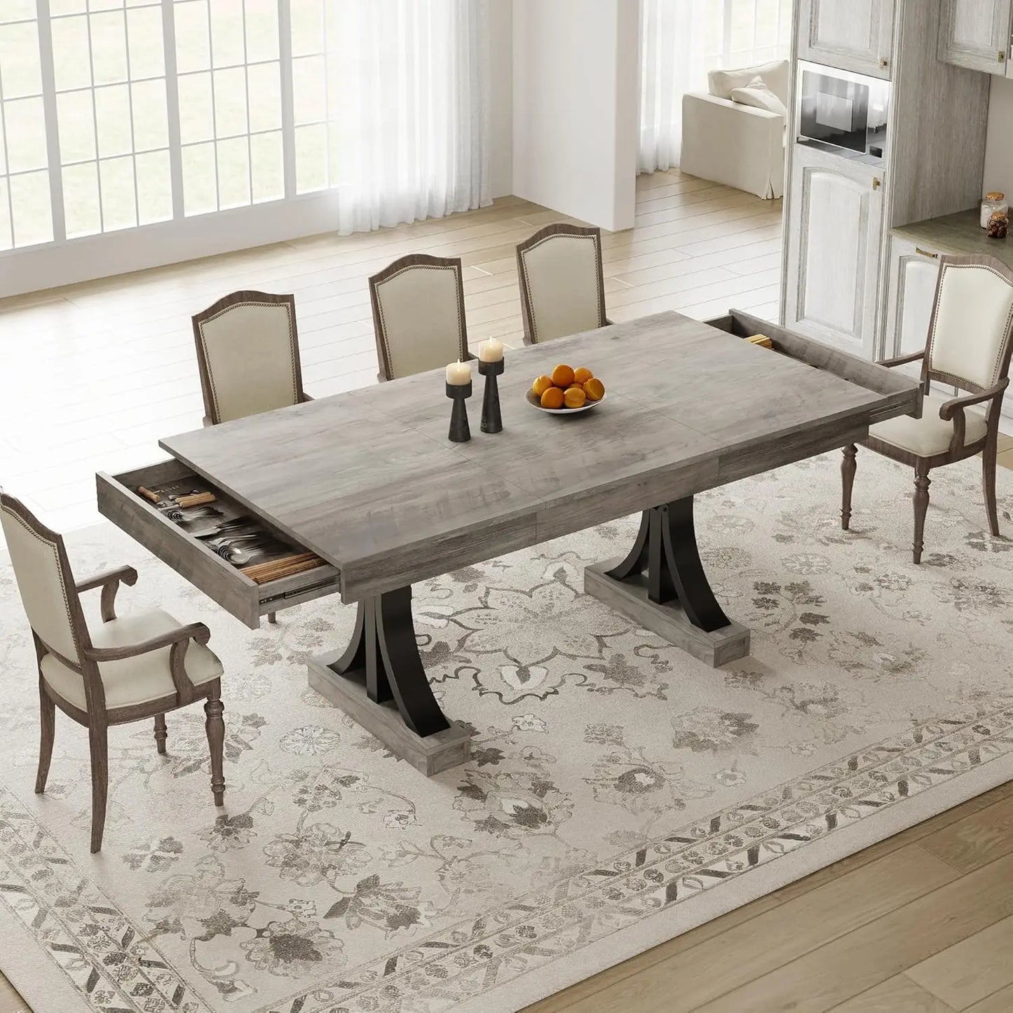 Wooden Dining Table with Rectangular Dining Tabletop & Double Pedestal