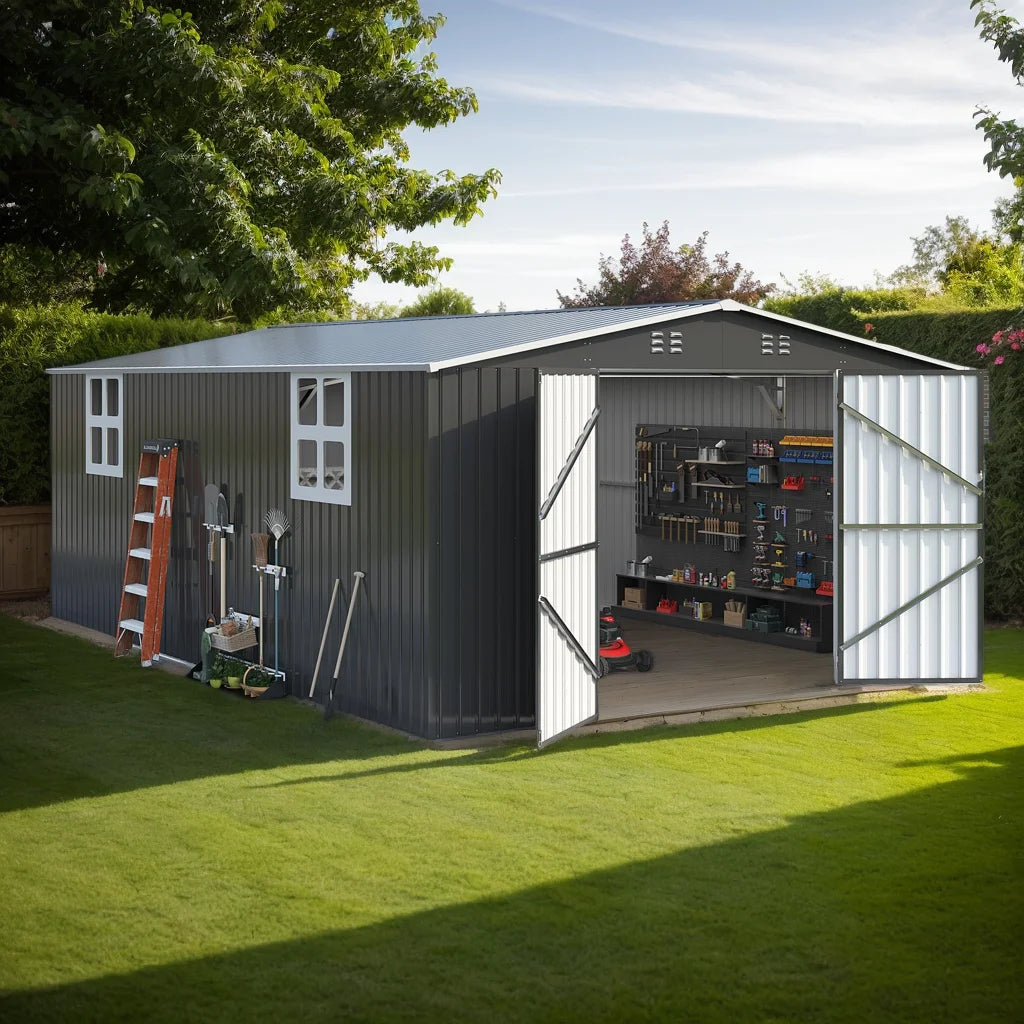 Outdoor Metal Storage Shed w/ Windows, Lockable Door
