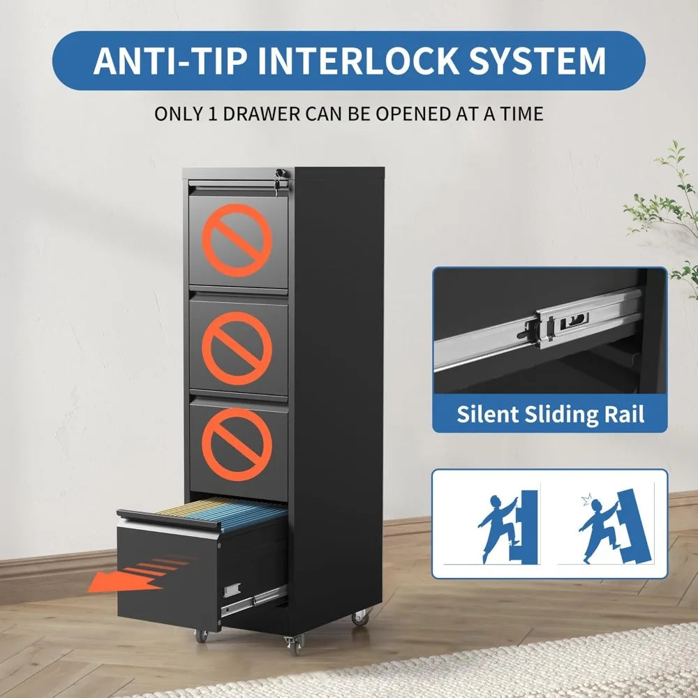 4 Drawer Mobile Metal Filing Cabinet with Lock and Wheels