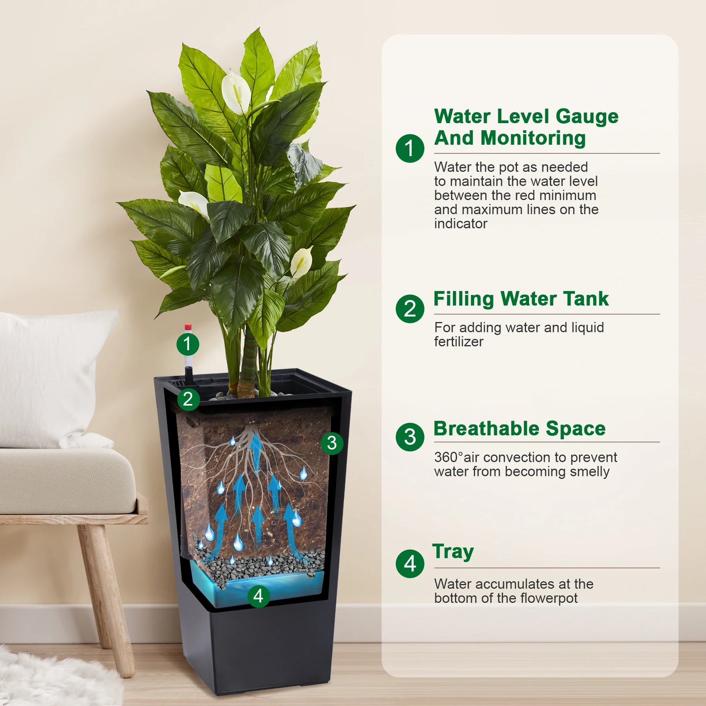 High Front Porch Planter Pots with Drainage Holes Auto Watering