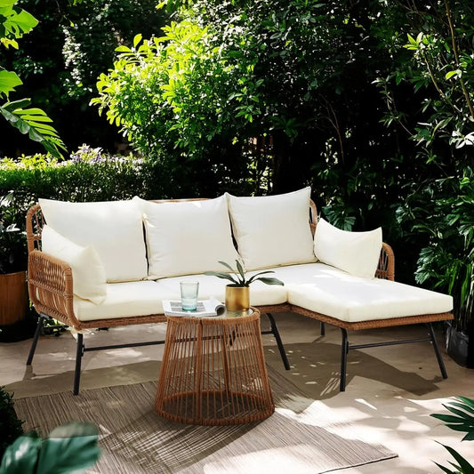 Outdoor Patio Furniture Set with Thick Cushions and Glass Coffee Table