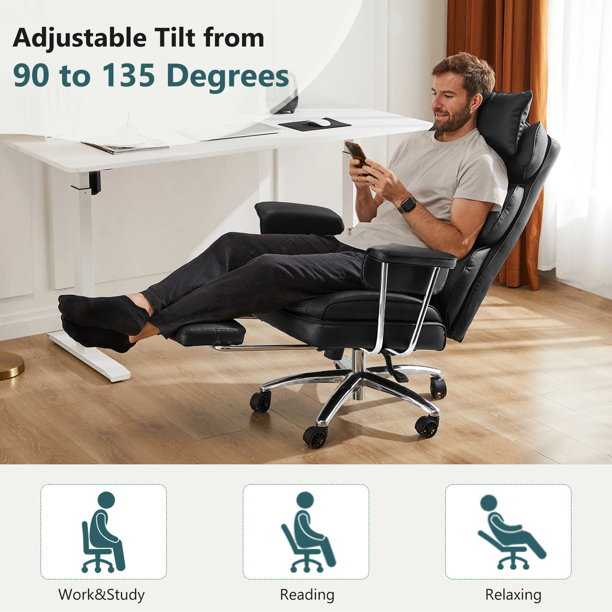 PU Leather Chair with High Back and Footrest Lumbar Support