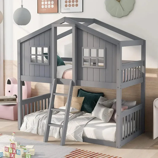 Twin Over Twin Bunk Bed with Ladder, Storage, and Windows