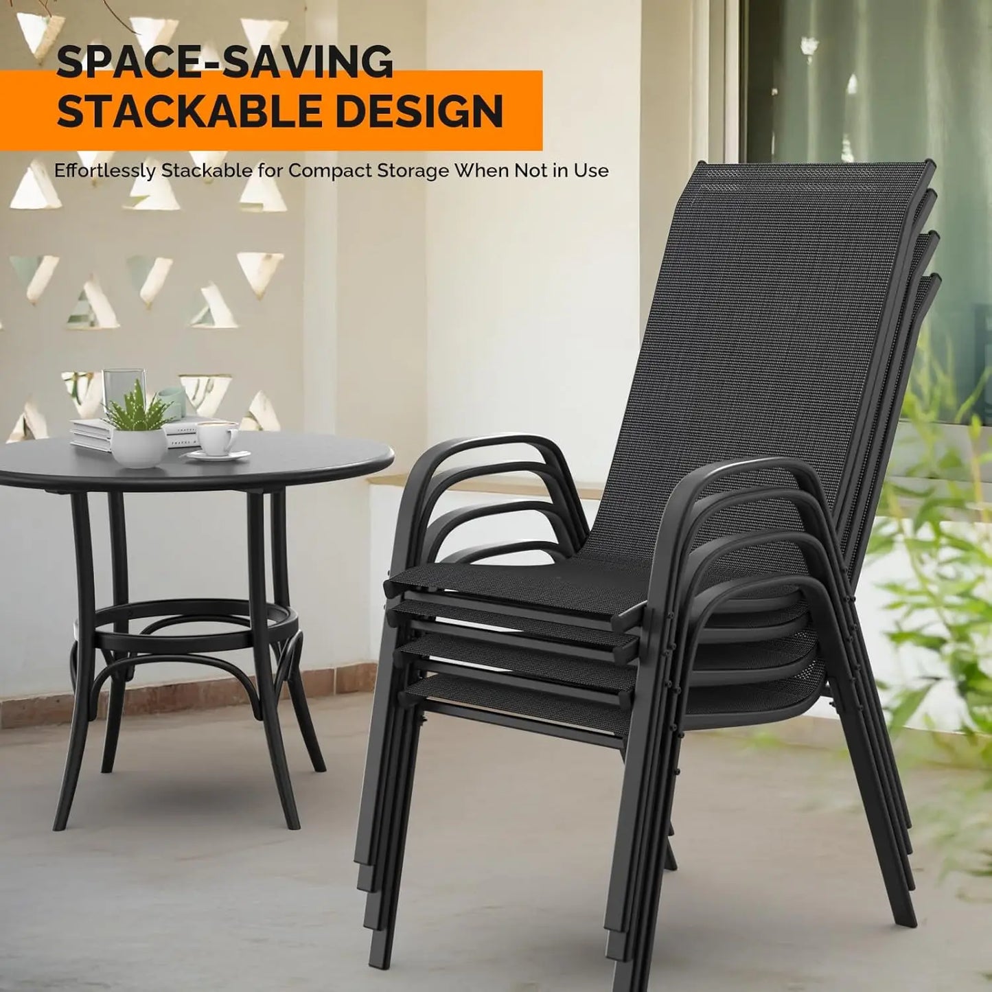 Stackable Outdoor with Comfortable Sling High Back Chairs and Armrests