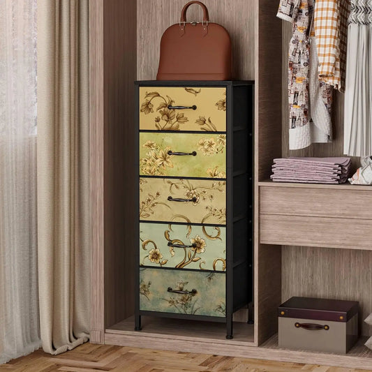 Tall Skinny Storage Tower with 5 Fabric Drawers for Bedroom