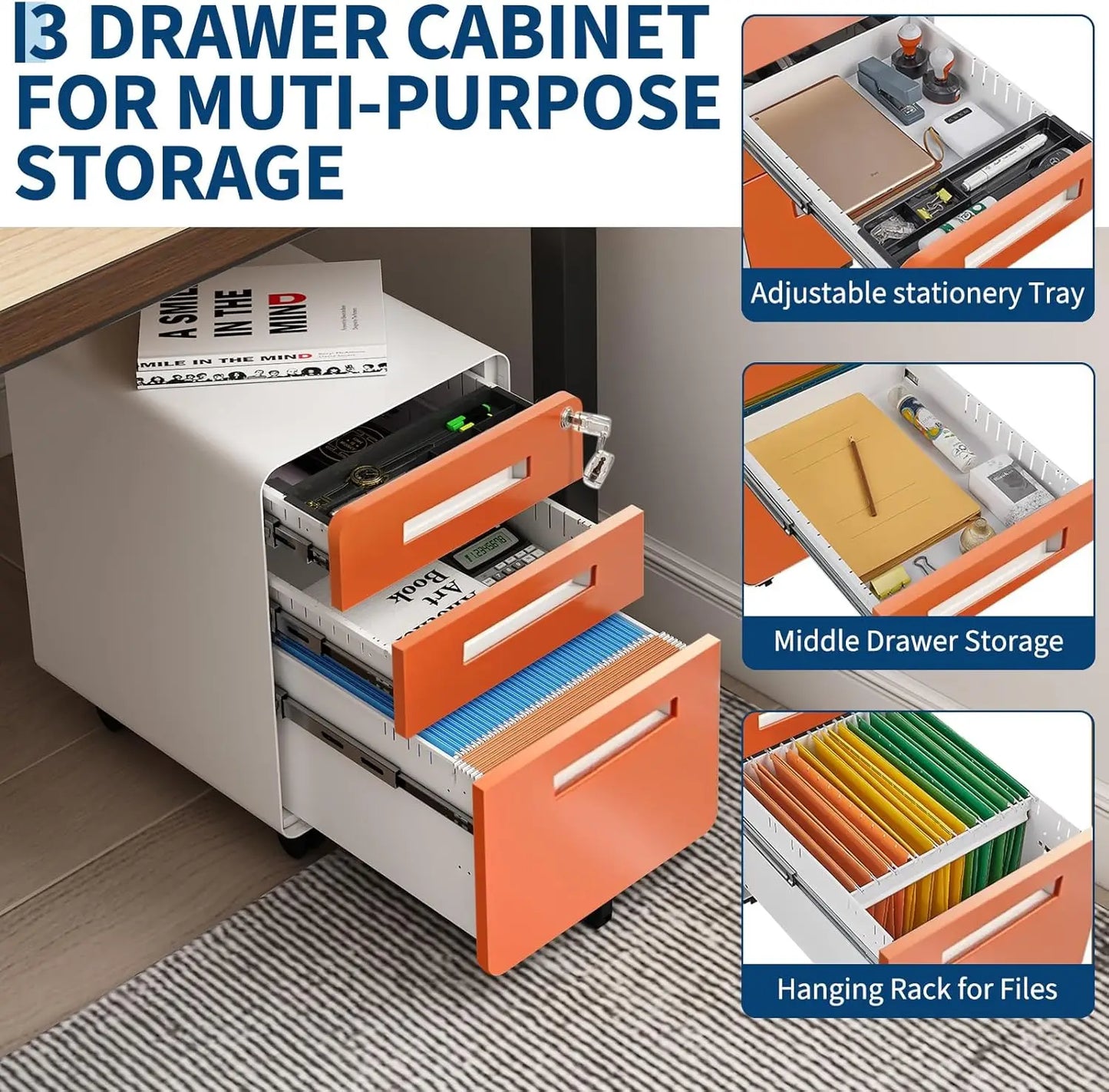 Lockable Secure 3-Drawer Metal File Cabinet