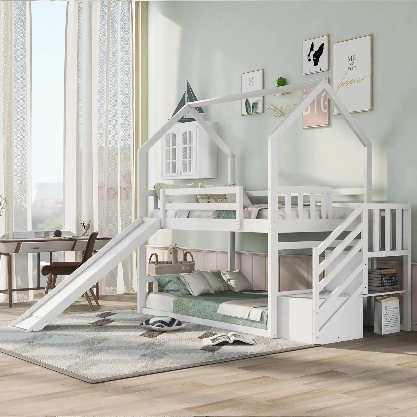 Twin Over Twin Bunk Bed with Slide and Stairs and Storage Shelves