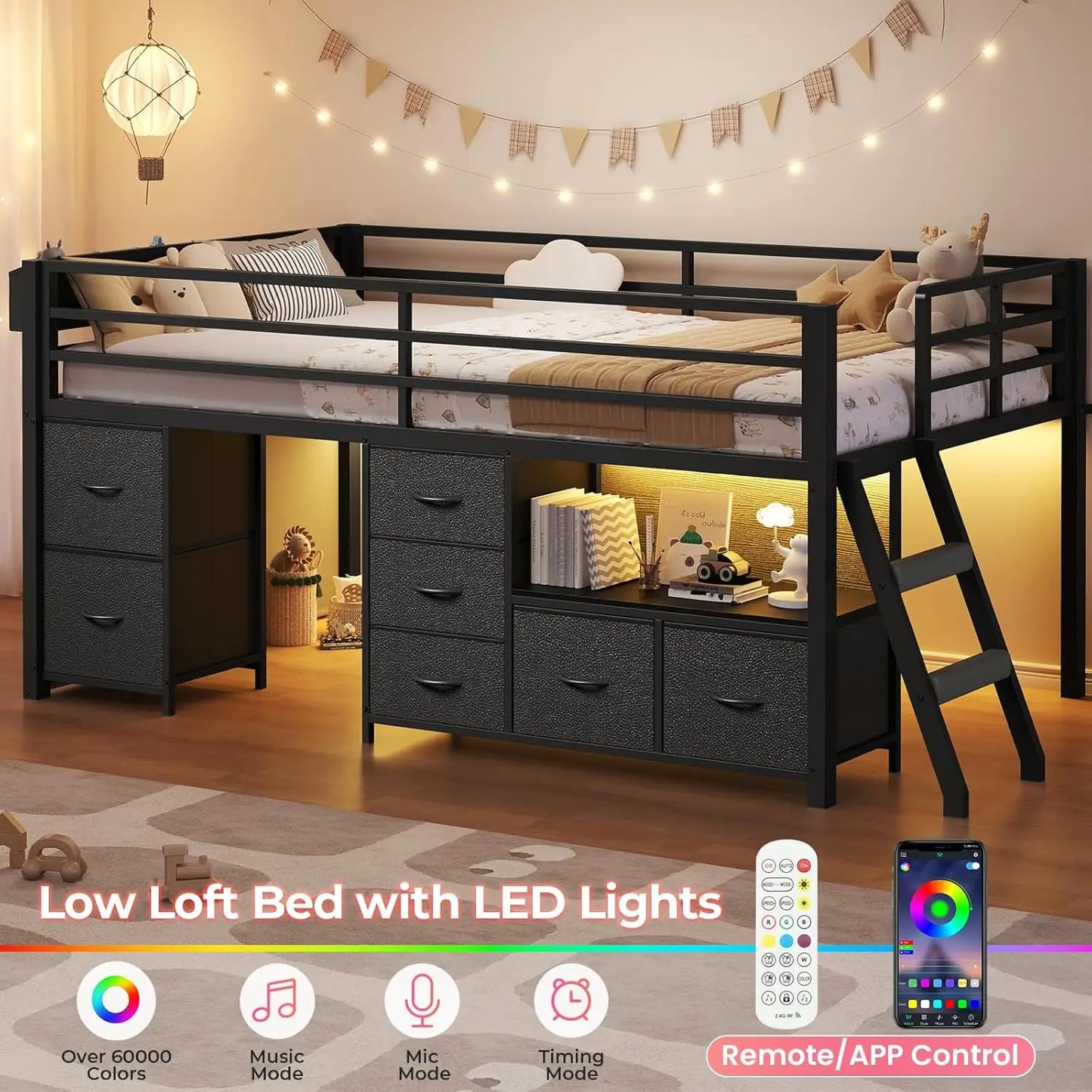 Metal Low Loft Bed Twin Size with Bookcase and LED Lights