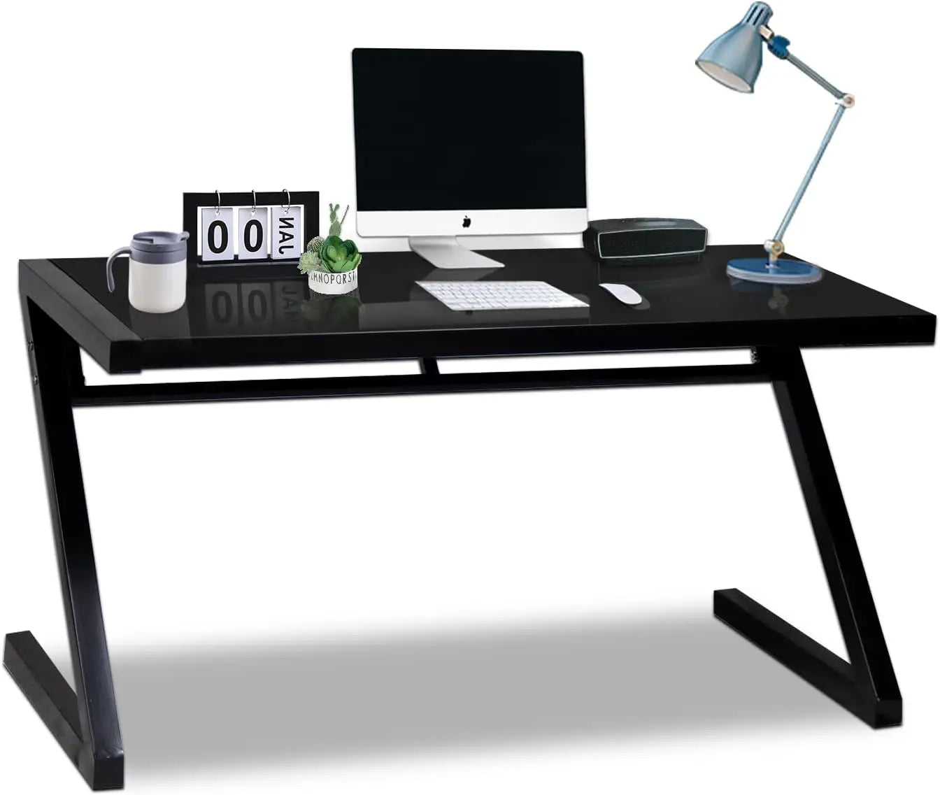 Z Shape Tempered Glass Modern Office Desk with USB Accessory