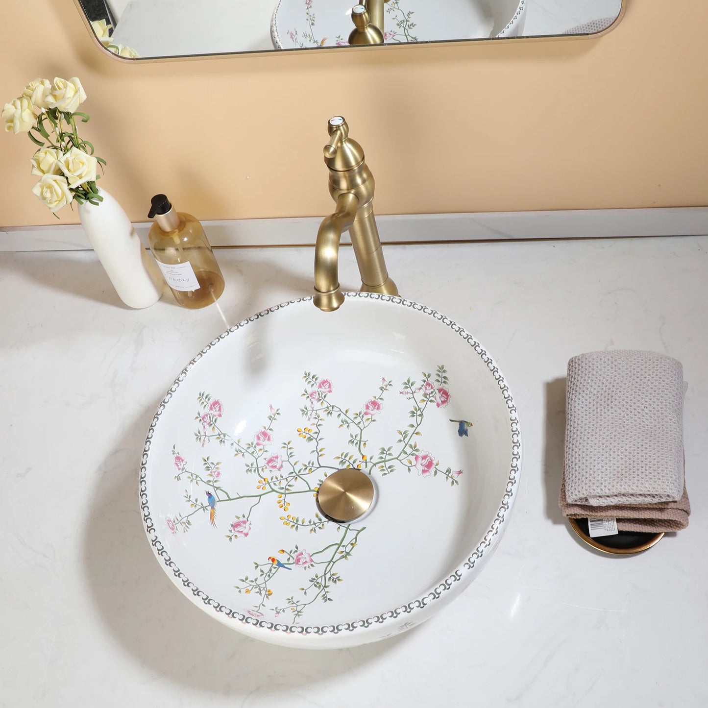Ceramic Vessel Counter Top Flower Bird Pattern Bowl Sinks for Bathrooms