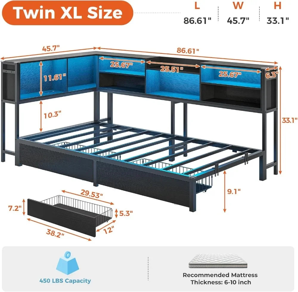 Corner Bed Frame with Bookcase
