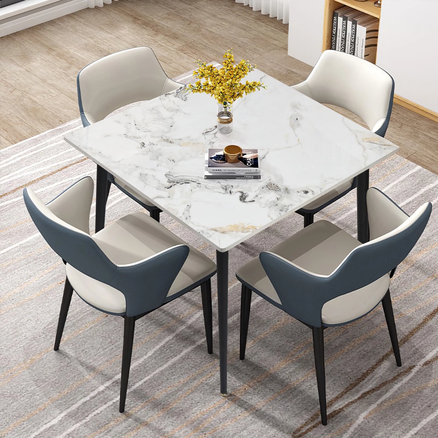 Mid-Century Slate Dining Table with Sintered Stone Top and Metal Legs