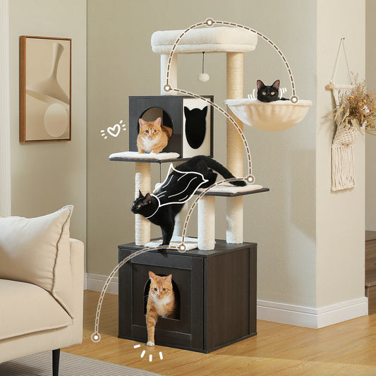 Cat Tree Tower Litter Box Wood Structure Storage with Hammock