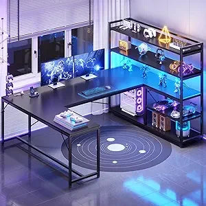 Desk with Storage Shelves and LED Lights for L-Shaped Office Setup
