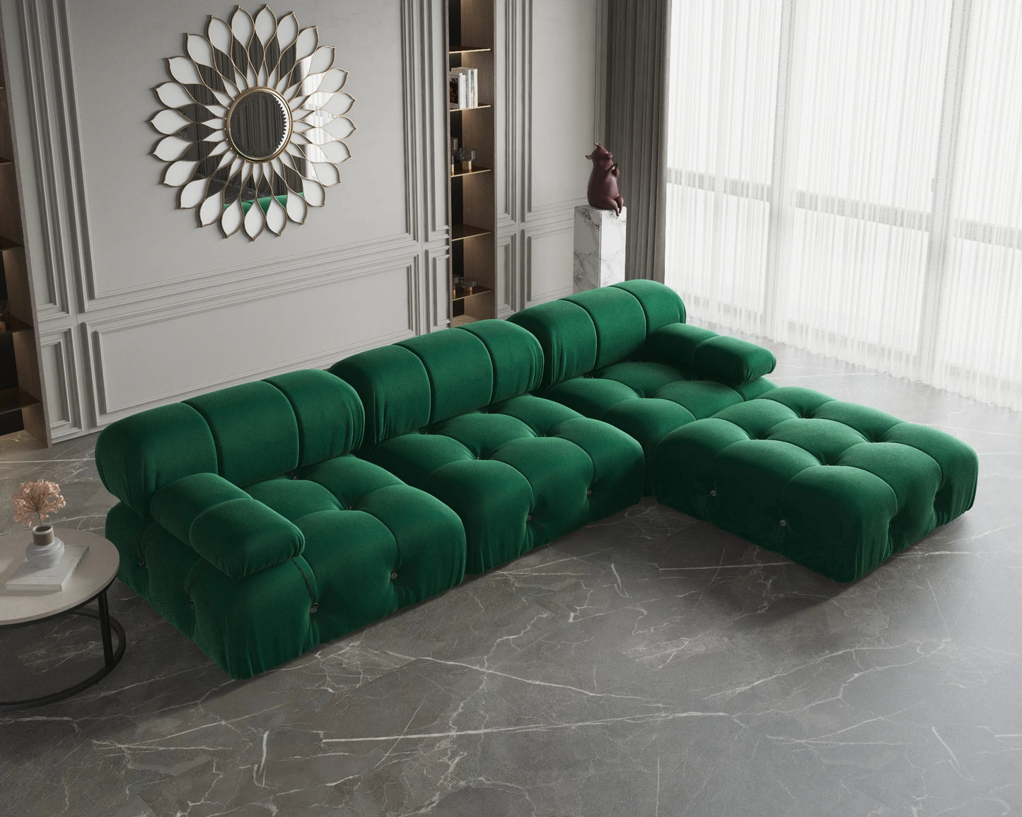Modern L-Shaped Velvet Couch with Reversible Ottoman