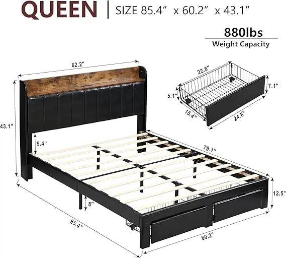 Upholstered Platform Bed Frame with Charging Station