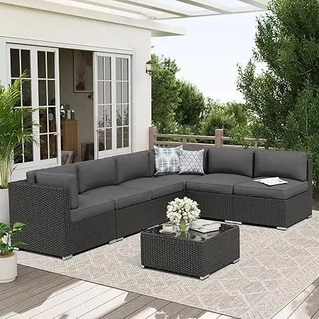 7-Piece Patio Furniture Sofa Set Rattan Wicker Sectional Conversation Sets with Glass Top Table and Cushions