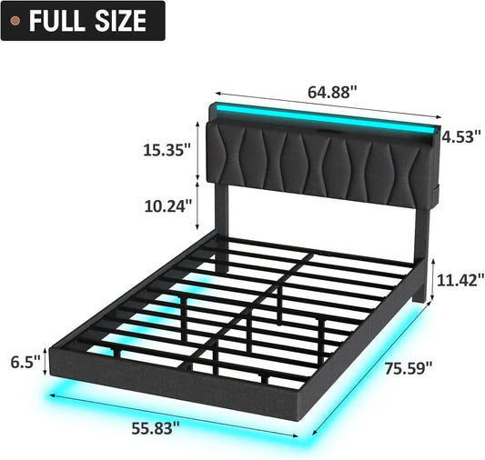 Floating Bed Frame with Storage Headboard & LED Light Frame & Charging Station