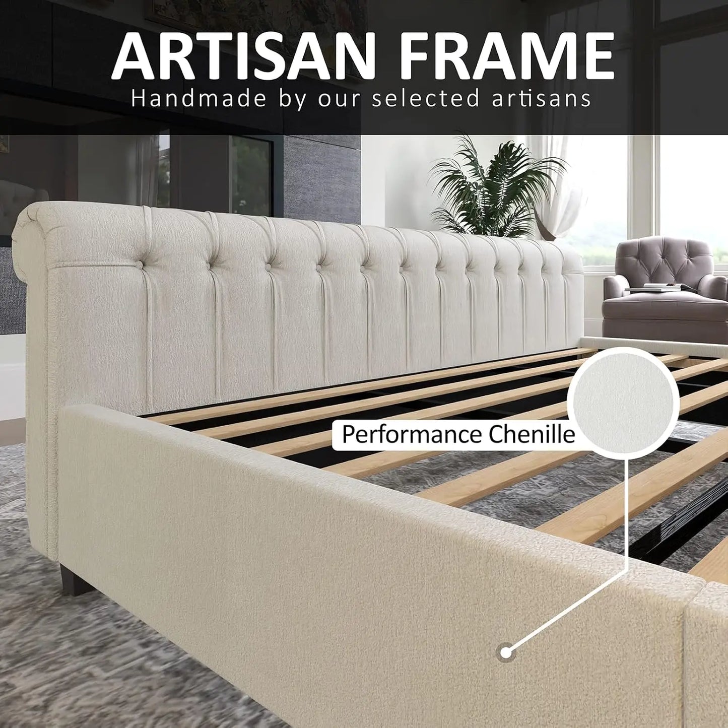 Upholstered Sleigh Bed with Scroll Wingback Headboard & Footboard/Button