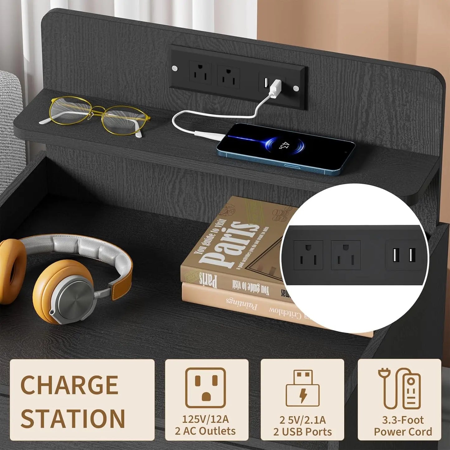 Nightstand With Charging Station, USB Ports and Open Storage Shelf