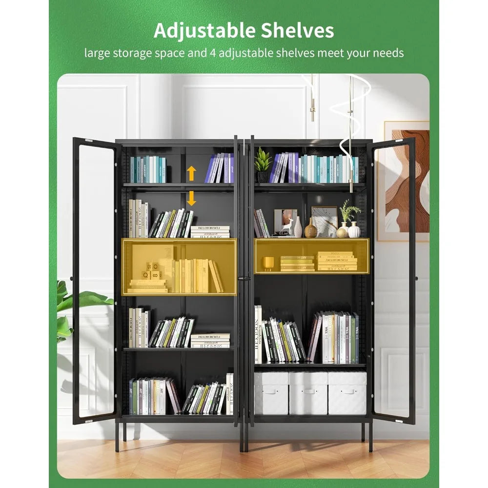 Tall Curio Black Steel Metal Glass Display Cabinet with Doors and Shelves