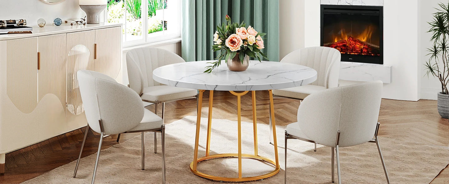 Wooden Round Marble Pattern Table with Gold Base