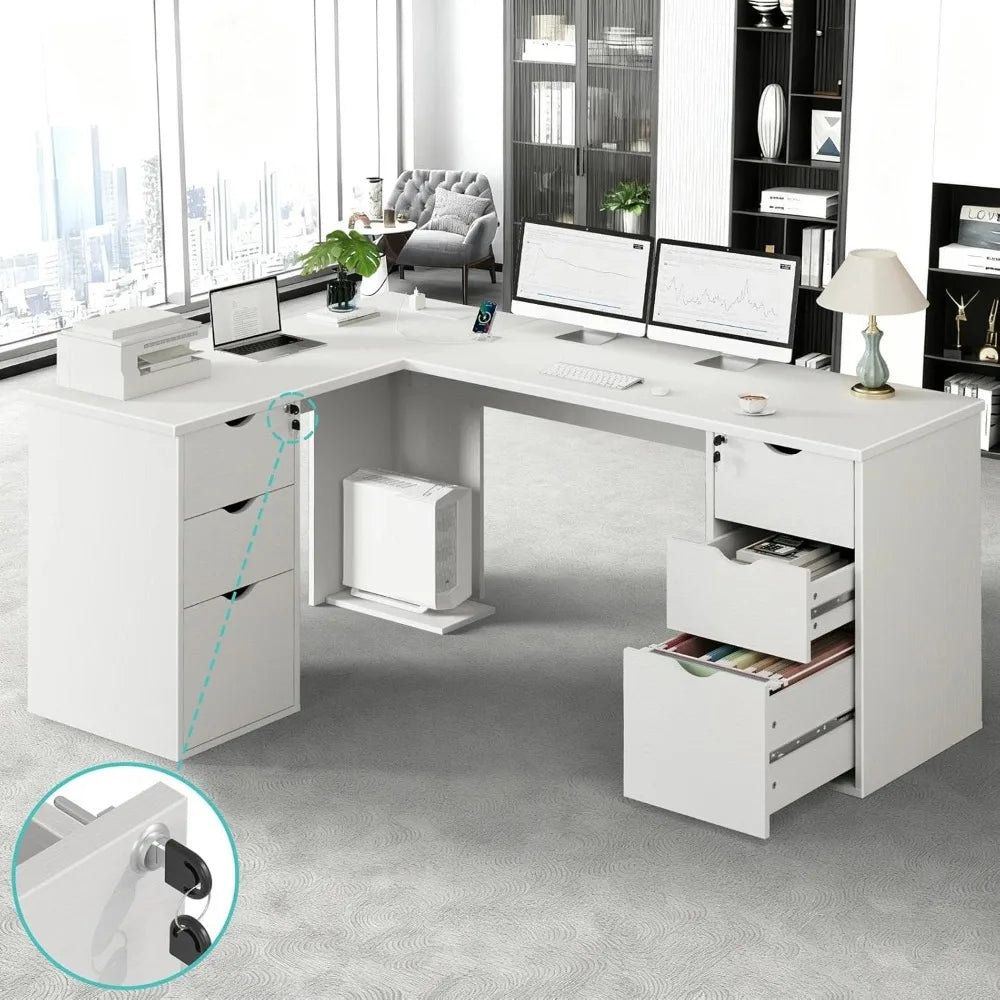 Modern Executive Wooden L-Shaped Office Desk with Lockable Drawers