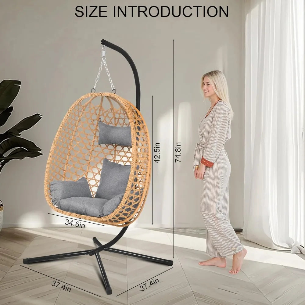 All-Weather Rattan Swing Egg Chair with Stand & Cushions