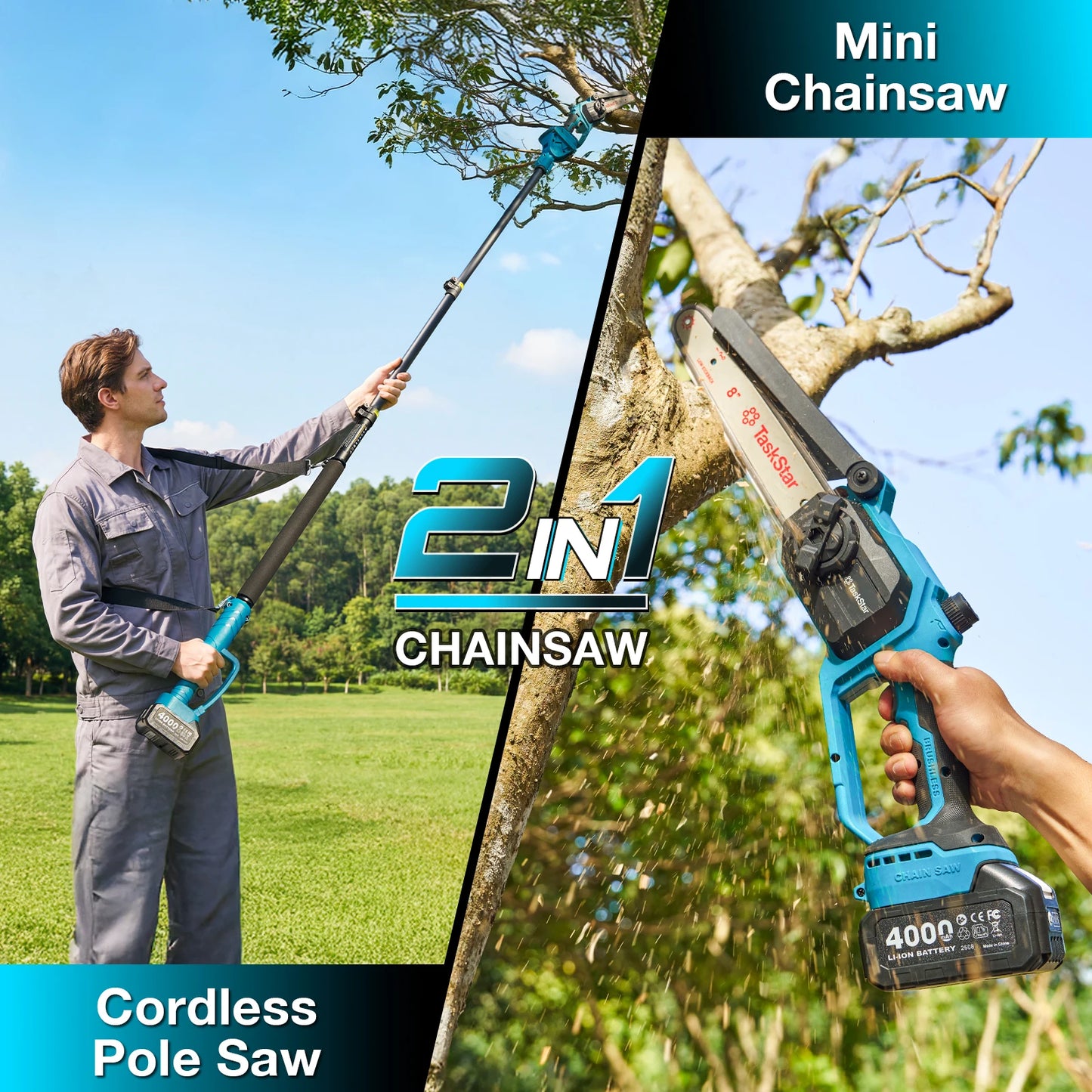 Electric Pole Saw, Cordless Chainsaw, Telescopic Pole, Pruning Tool, 2 4.0Ah Batteries