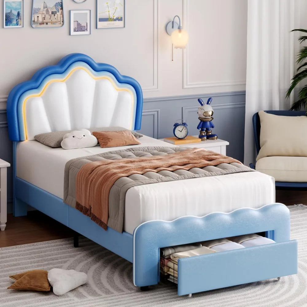 Twin Upholstered LED Bed Frame with Storage Drawers with Adjustable Lotus Headboard